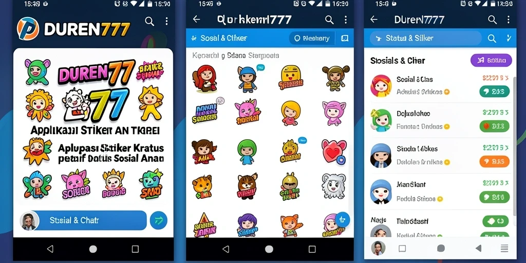 Antarmuka aplikasi DUREN777 dengan fitur status dan stiker menarik.