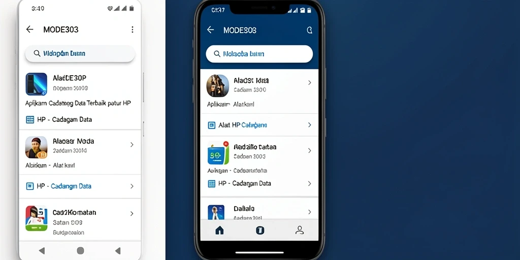 Antarmuka aplikasi MODE303 dengan fitur cadangan data yang lengkap.